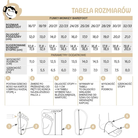 Kapcie barefoot marki Funky-Monkey TABELA ROZMIARÓW - Jak prawidłowo zmierzyć stopy dziecka i dobrać właściwy rozmiar