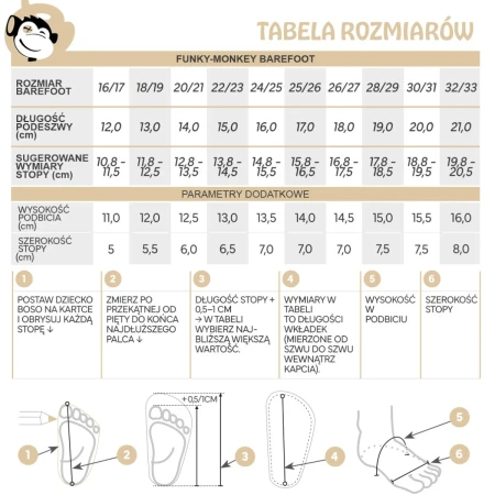 Marka funky monkey barefoot TABELA ROZMIARÓW - jak zmierzyć stopę i dobrać prawidłowy rozmiar kapci dla dziecka