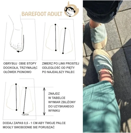 Funky-Monkey Barefoot Adult PANAMA PRO – antypoślizgowe kapcie, znaturalnej bawełny, z kauczową podeszwą w rozmiarach dla dorosłych - tabela rozmiarów - jak zmierzyć stopę
