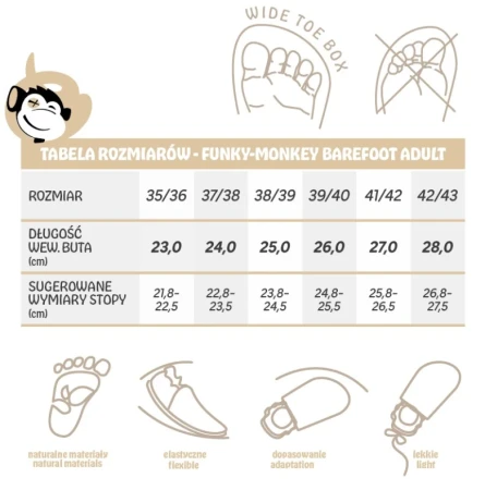 Funky-Monkey Barefoot Adult PANAMA PRO – antypoślizgowe kapcie, znaturalnej bawełny, z kauczową podeszwą w rozmiarach dla dorosłych - tabela rozmiarów - jak zmierzyć stopę